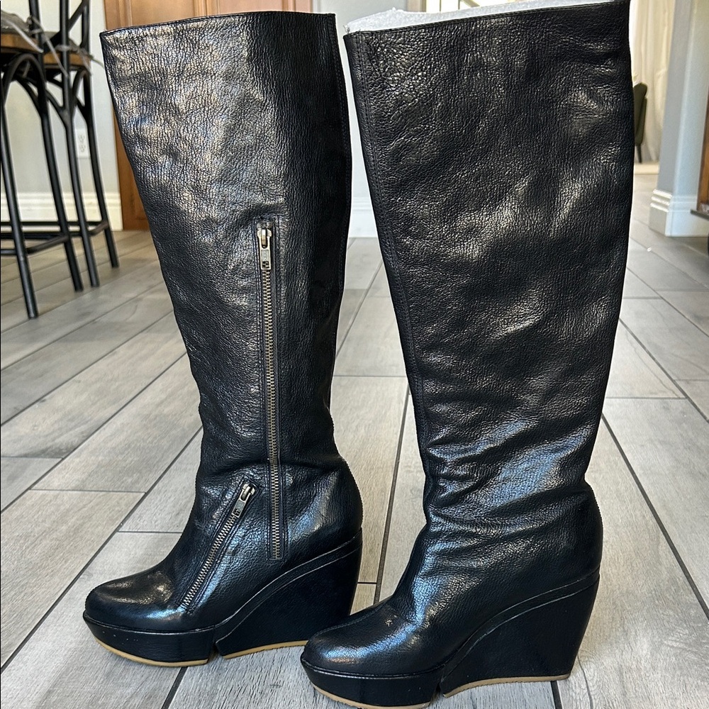 Black Leather Wedge Knee-High Boots